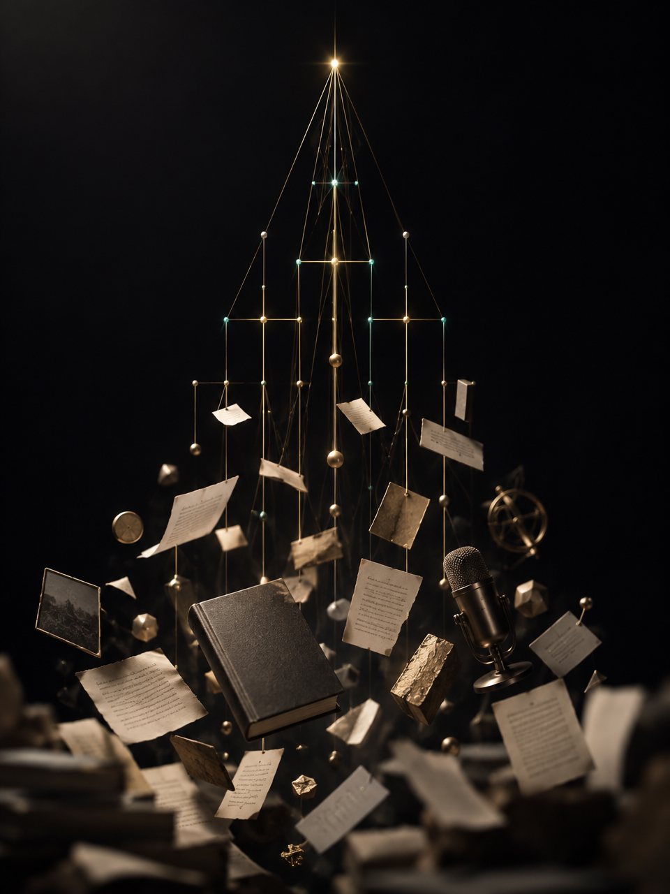 Scattered notes, a book and a microphone rising into a single structured lattice of light